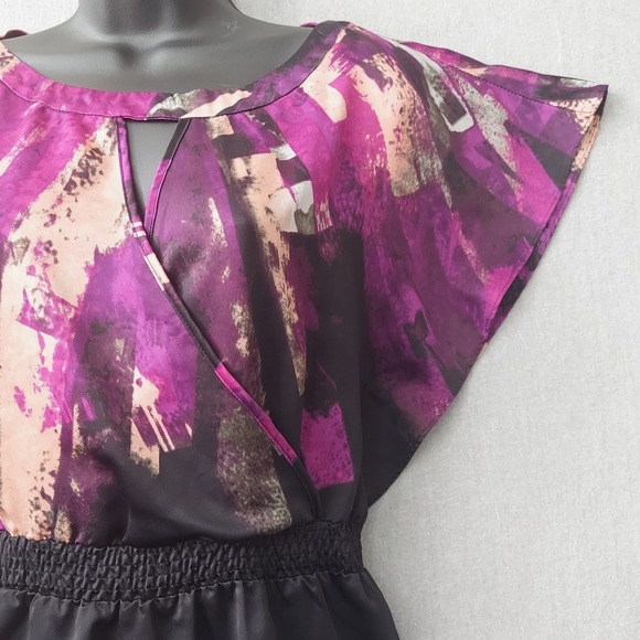 Rampage Satin Faux Wrap Top S Purple Black Boho Y2K Flutter Sleeve Smocked Waist - Picture 3 of 16